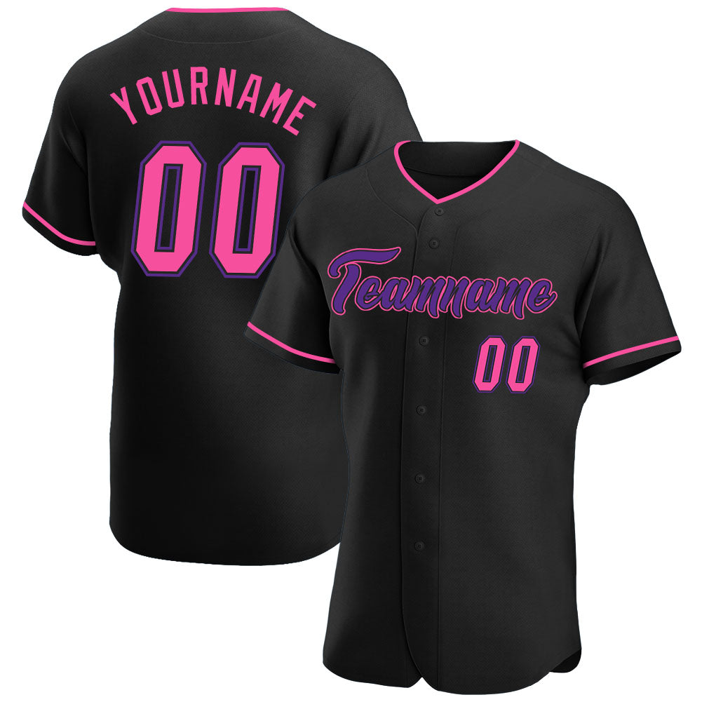 Authentic Custom Baseball Jersey in Black Pink and Purple - Unique Design Custom Black Pink-Purple Authentic Baseball Jersey
