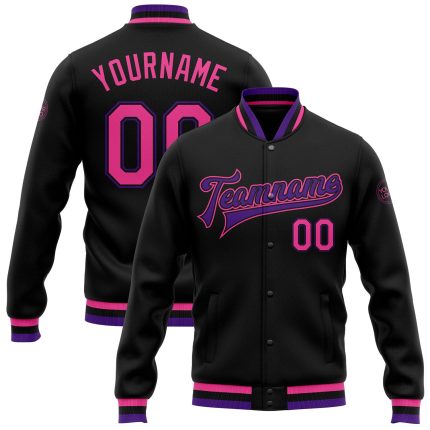 Custom Black Pink Purple Varsity Bomber Jacket Full-Snap Letterman Design Custom Black Pink-Purple Bomber Full-Snap Varsity