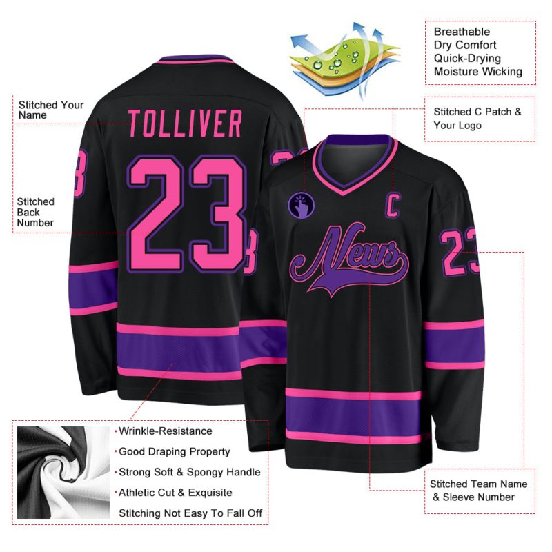 Custom Black Pink Purple Hockey Jersey for Men and Women - Personalized Team Apparel Custom Black Pink-Purple Hockey Jersey