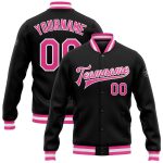 Custom Black Pink White Varsity Letterman Jacket Full-Snap Bomber Style 6744 Custom Black Pink-White Bomber Full-Snap Varsity