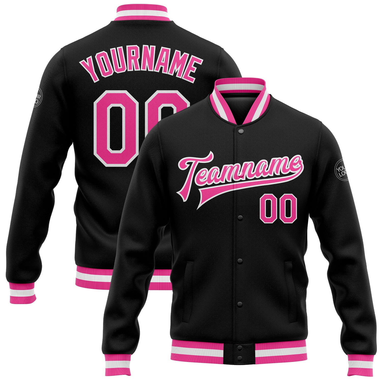 Custom Black Pink White Varsity Letterman Jacket Full-Snap Bomber Style 6744 Custom Black Pink-White Bomber Full-Snap Varsity