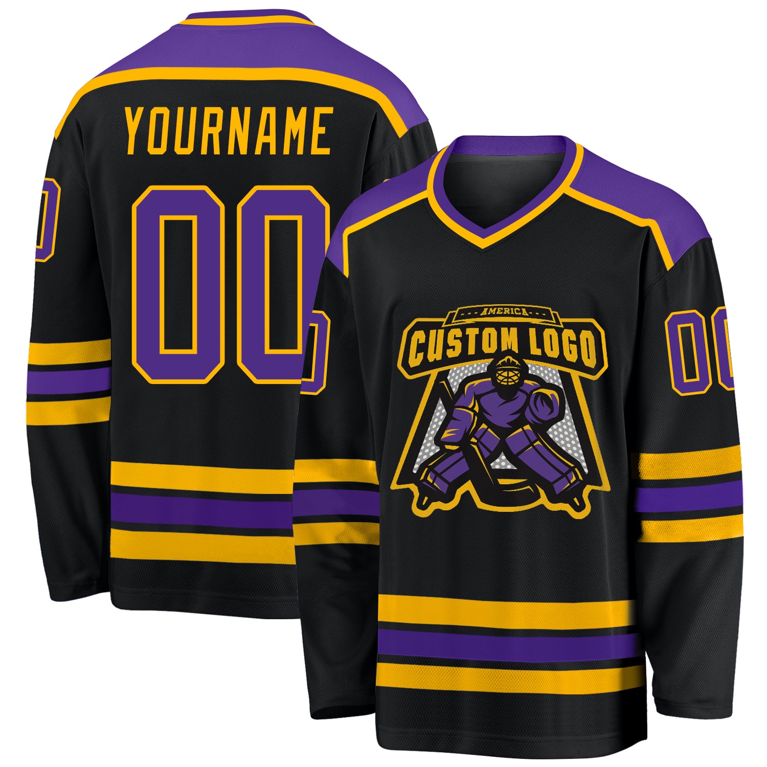 Custom black, purple and gold hockey jersey