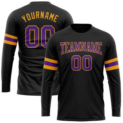 Black Purple Gold Long Sleeve Performance T-Shirt - Custom Athletic Tee for Men and Women Custom Black Purple-Gold Long Sleeve