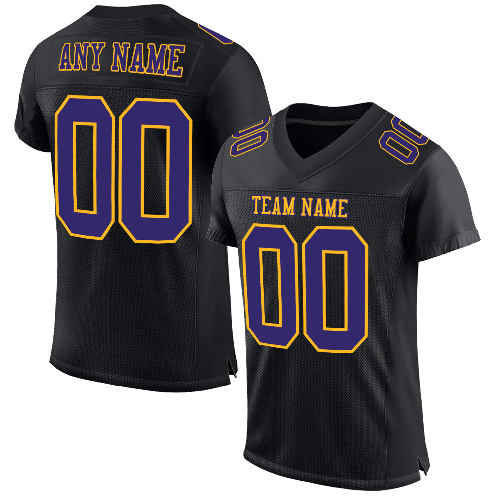 Custom Black Purple Gold Mesh Football Jersey - Authentic Design Custom Black Purple-Gold Mesh Authentic Football Jersey