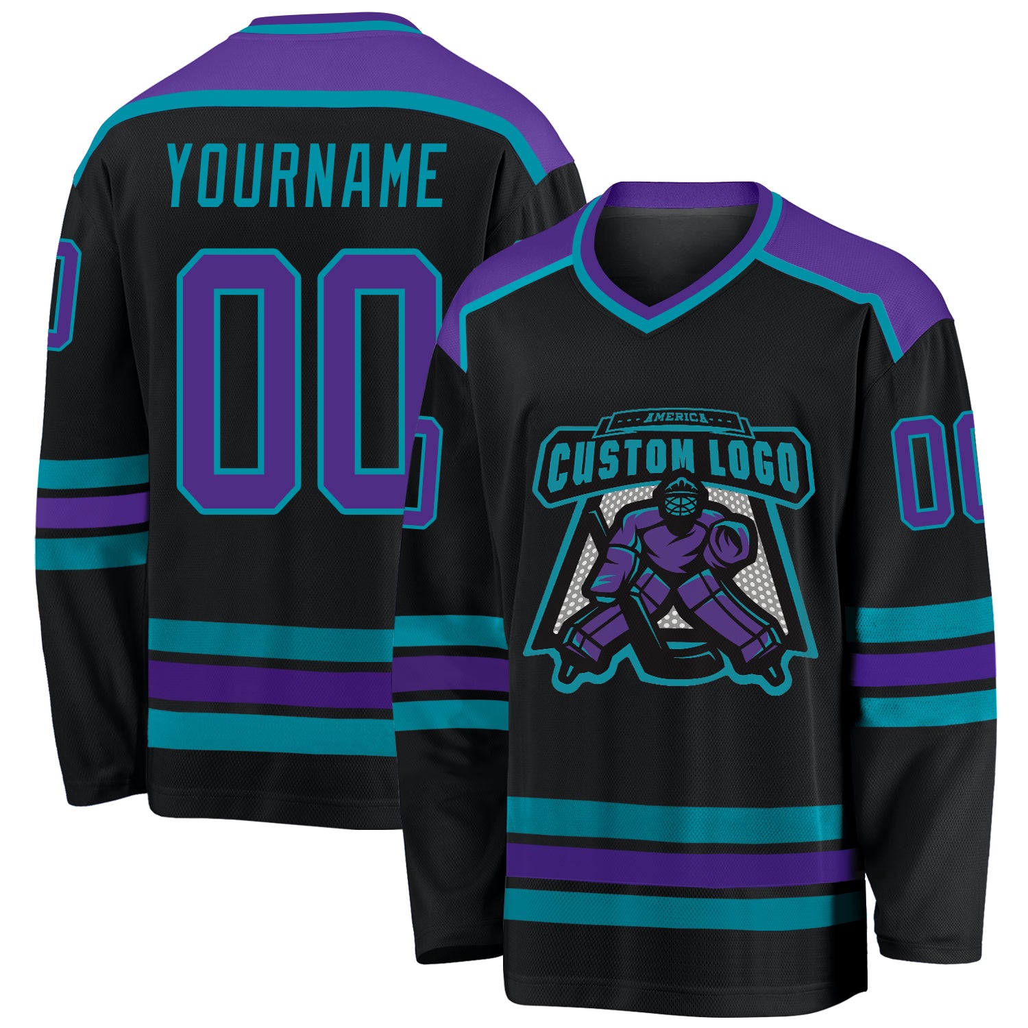 Custom black, purple and teal hockey jersey