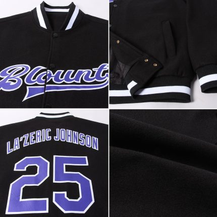 Custom Bomber Jacket Black Purple White Full-Snap Varsity Letterman Custom Black Purple-White Bomber Full-Snap Varsity Letterman