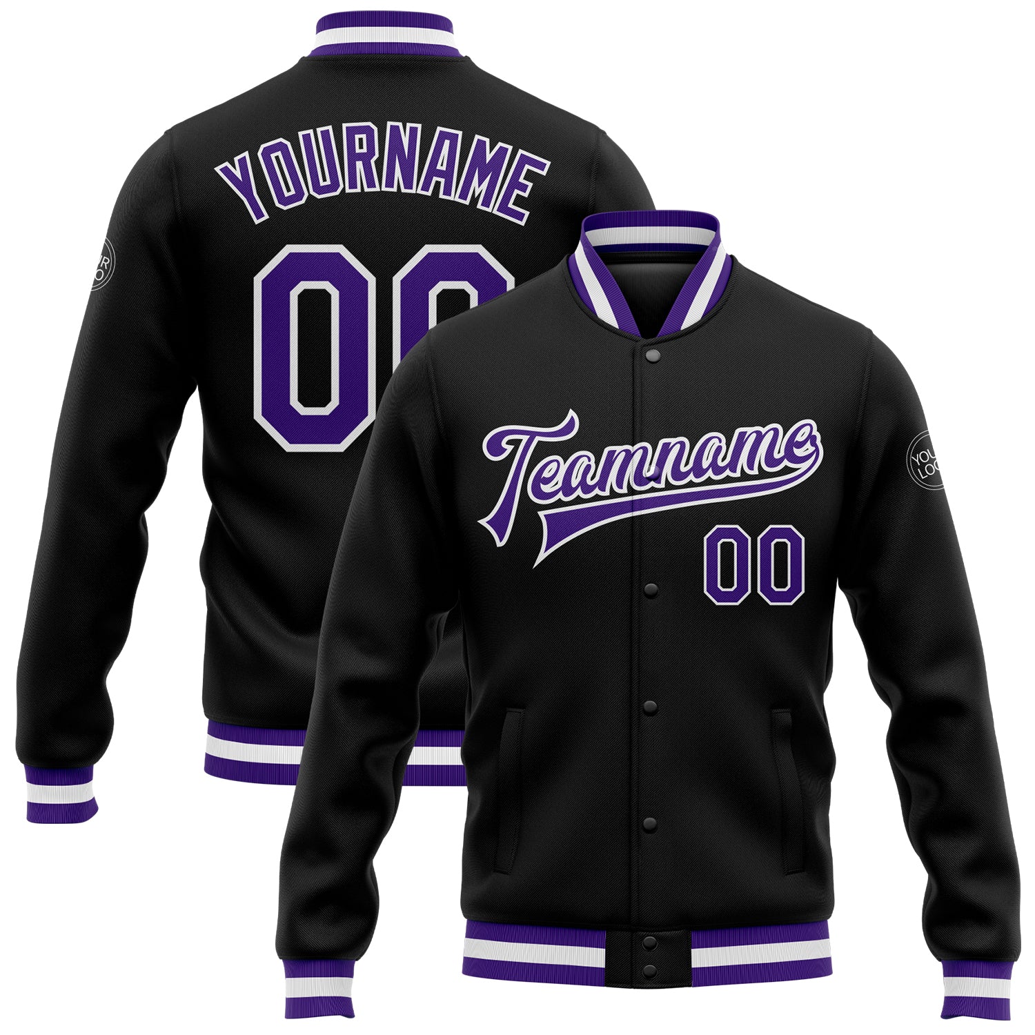 Custom Black and Purple Varsity Letterman Bomber Jacket Full-Snap Style 9770 Custom Black Purple-White Bomber Full-Snap Varsity