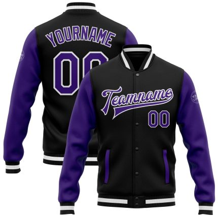 Black Purple White Varsity Bomber Jacket Custom Full-Snap Letterman Two Tone Custom Black Purple-White Bomber Full-Snap Varsity