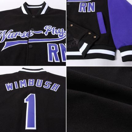 Black Purple White Varsity Bomber Jacket Custom Full-Snap Letterman Two Tone Custom Black Purple-White Bomber Full-Snap Varsity