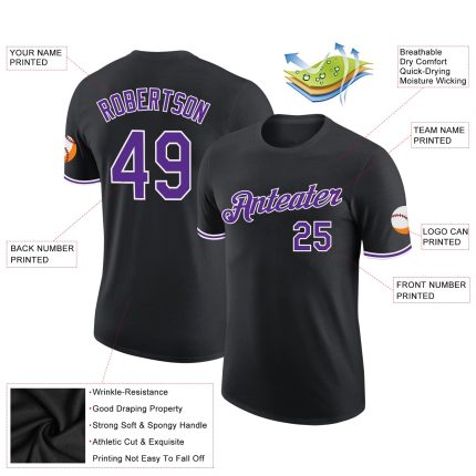 Custom Performance T-Shirt in Black Purple White - Breathable, Stylish Design for Active Wear Custom Black Purple-White Performance