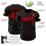Custom black and red baseball jersey, detail of the printed panel
