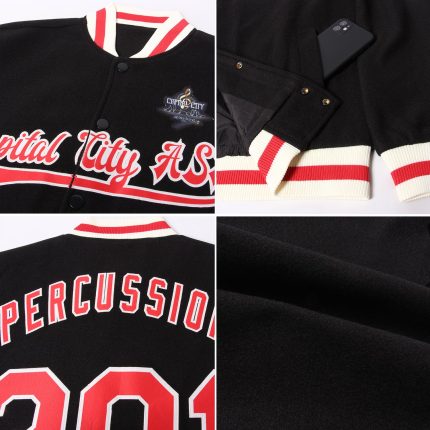 Custom Bomber Jacket Black Red Cream Full-Snap Varsity Letterman Style Custom Black Red-Cream Bomber Full-Snap Varsity Letterman