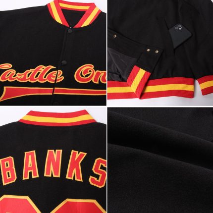 Custom Black Red Gold Varsity Letterman Bomber Full-Snap Jacket Custom Black Red-Gold Bomber Full-Snap Varsity Letterman