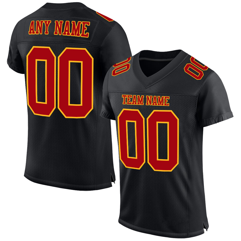 Custom Black Red Gold Mesh Authentic Football Jersey - Personalized Team Apparel Custom Black Red-Gold Mesh Authentic Football