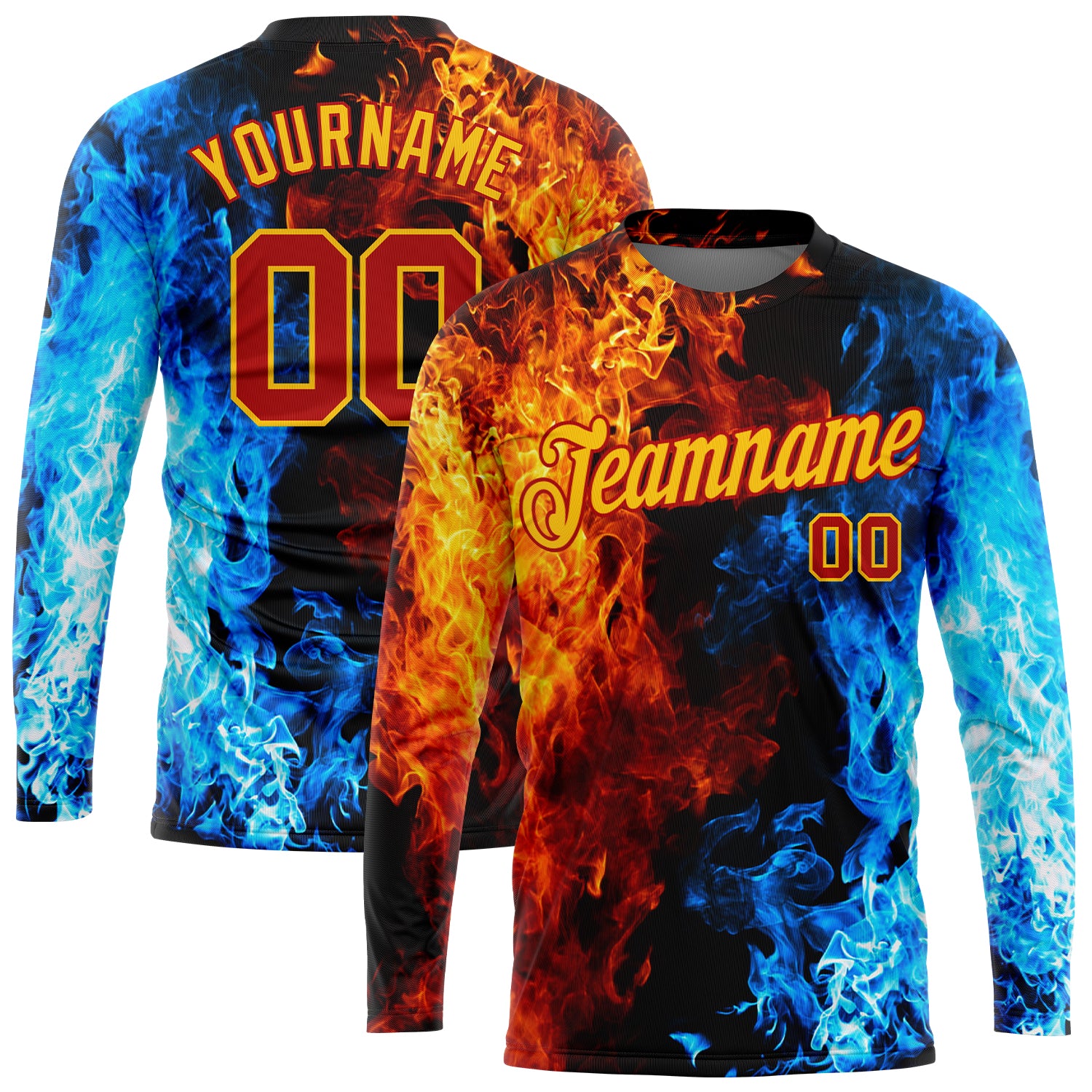Custom 3D Flame Long Sleeve Performance T-Shirt in Black Red Gold Royal-Light Blue Custom Black Red Gold Royal-Light Blue