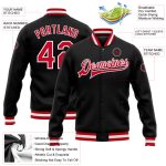 Custom Varsity Bomber Jacket Black Red White Full-Snap Letterman Style Custom Black Red-White Bomber Full-Snap Varsity Letterman
