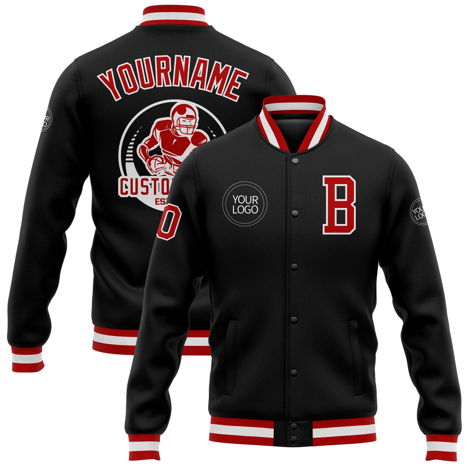Custom Varsity Letterman Jacket Black Red White Full-Snap Style 6715 Custom Black Red-White Bomber Full-Snap Varsity Letterman