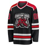 Custom black, red and white hockey jersey, back view