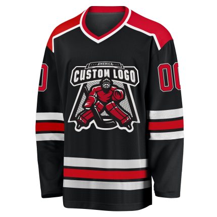 Custom black, red and white hockey jersey, back view