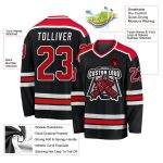 Custom black, red and white hockey jersey, detail of the printed panel