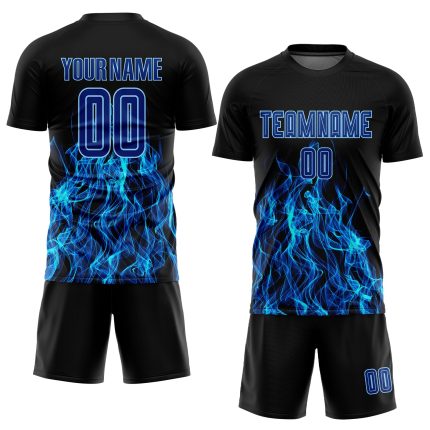 Custom Black Royal-Light Blue Flame Soccer Jersey Uniform - Sublimation Design Custom Black Royal-Light Blue Flame Sublimation