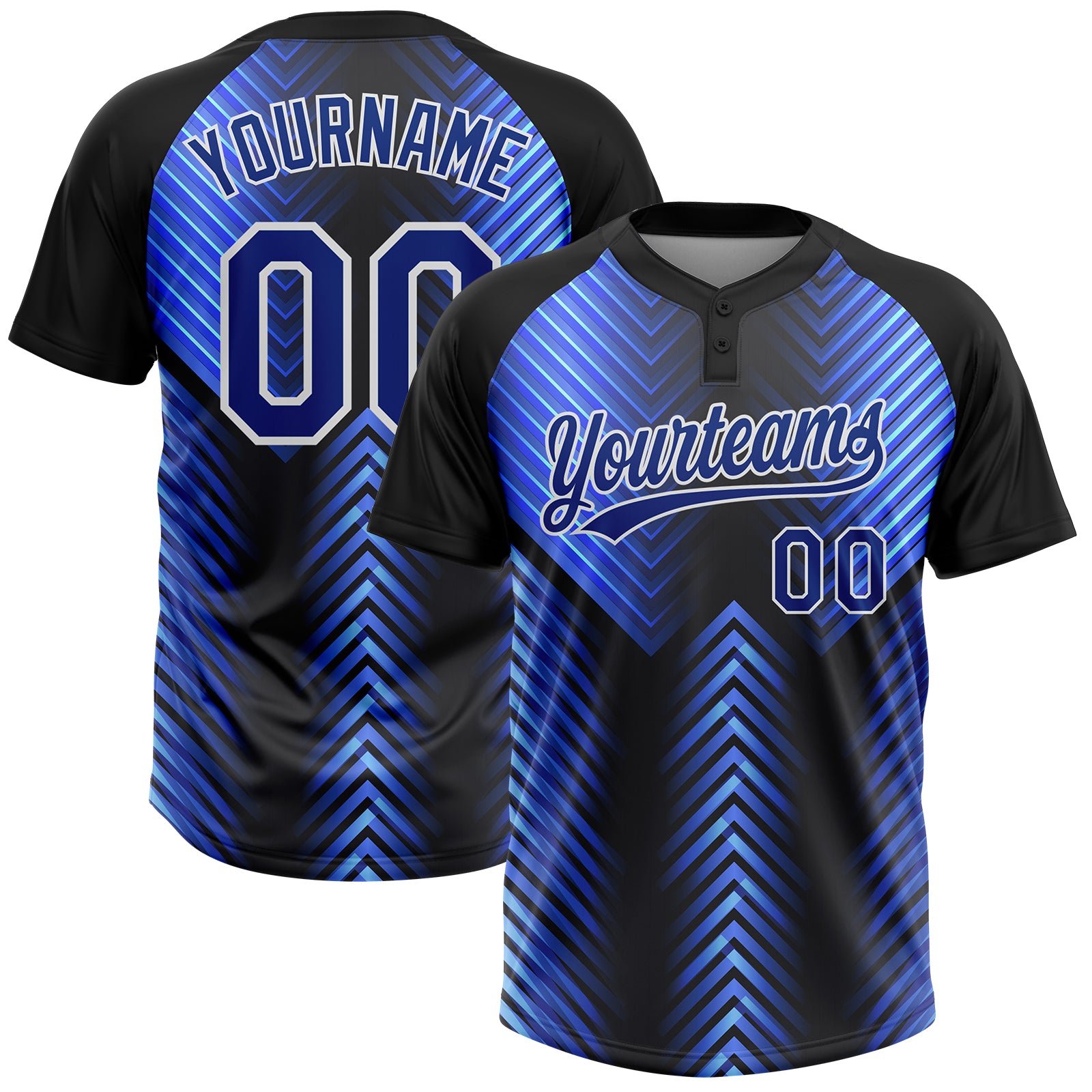 Custom Black Powder Blue Two-Button Softball Jersey for Unisex Athletes Custom Black Royal-Powder Blue Two-Button Unisex