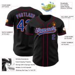 Custom black, royal and red baseball jersey, detail of the printed panel