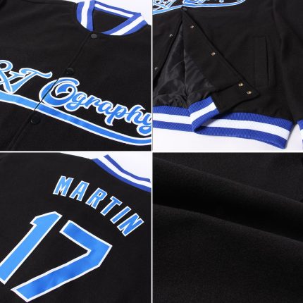 Black Royal-White Custom Varsity Bomber Jacket Full-Snap Letterman Style Custom Black Royal-White Bomber Full-Snap Varsity