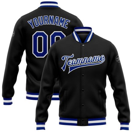 Black Royal-White Custom Varsity Bomber Jacket Full-Snap Letterman Style Custom Black Royal-White Bomber Full-Snap Varsity