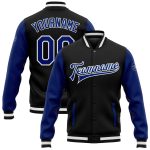 Custom Black White Bomber Varsity Letterman Jacket Two Tone Full-Snap Design Custom Black Royal-White Bomber Full-Snap Varsity