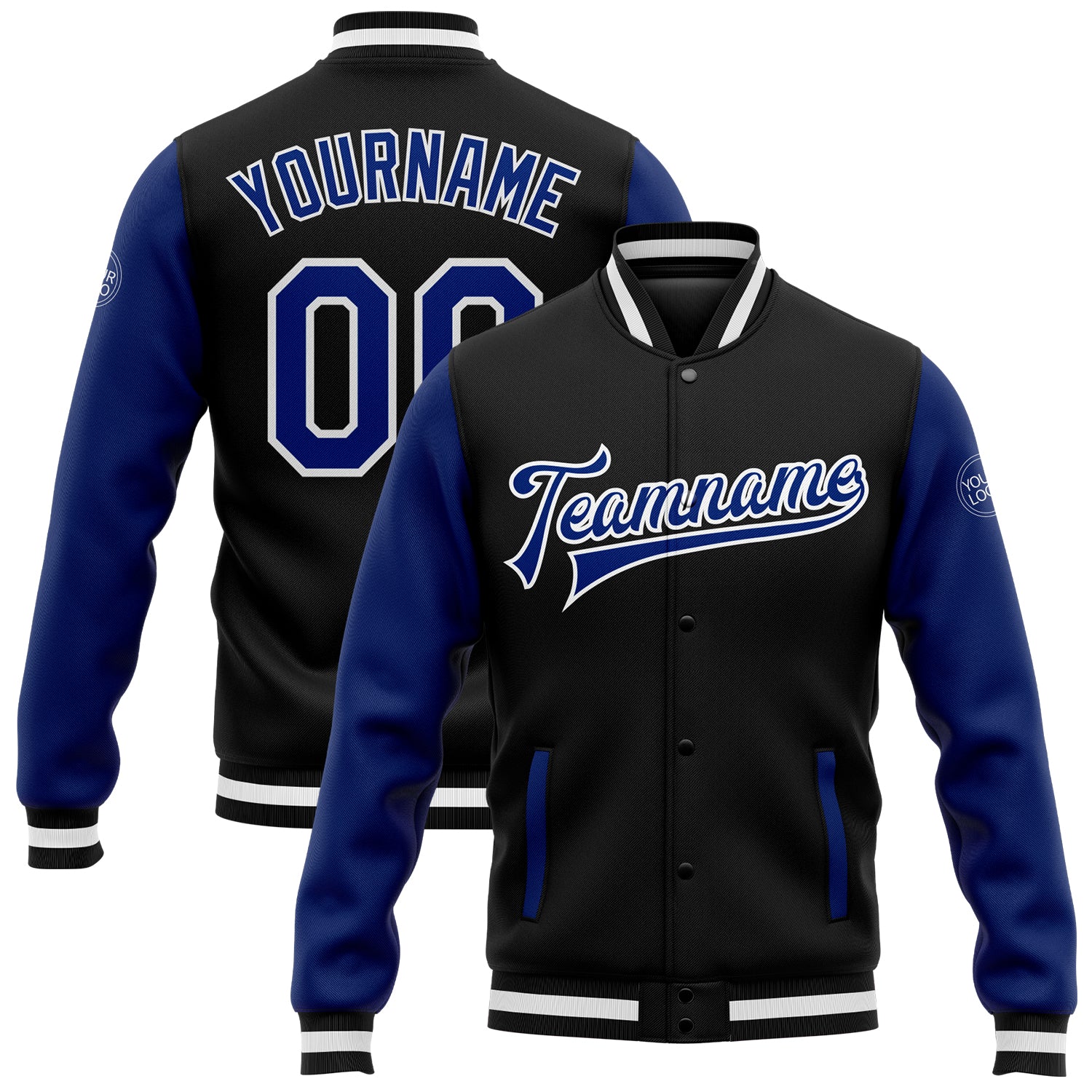 Custom Black Royal-White Bomber Full-Snap Varsity Letterman Two Tone Jacket Custom Black White Bomber Varsity Letterman Jacket Two Tone Full-Snap Design Custom Black Royal-White Bomber Full-Snap Varsity
