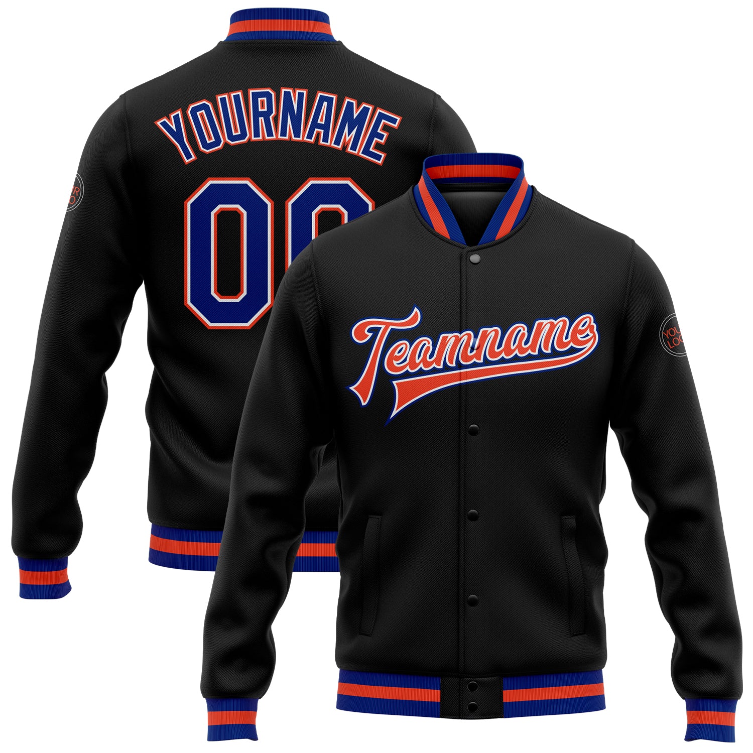 Custom Black and Royal Blue Letterman Jacket - White and Orange Full-Snap Varsity Bomber Custom Black Royal White-Orange