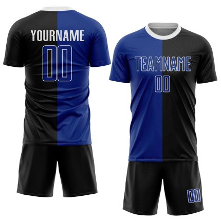 Custom black, royal and white soccer jersey, back view