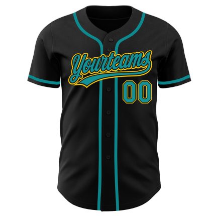 Custom Authentic Baseball Jersey - Black Teal Gold Design, Personalized Team Apparel Custom Black Teal-Gold Authentic Baseball