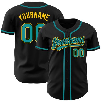 Custom Authentic Baseball Jersey - Black Teal Gold Design, Personalized Team Apparel Custom Black Teal-Gold Authentic Baseball