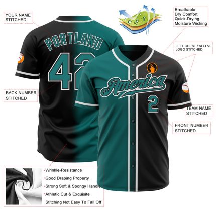 Custom Black Teal White Authentic Fade Baseball Jersey for Men - Fashion Sportswear Custom Black Teal-White Authentic Fade