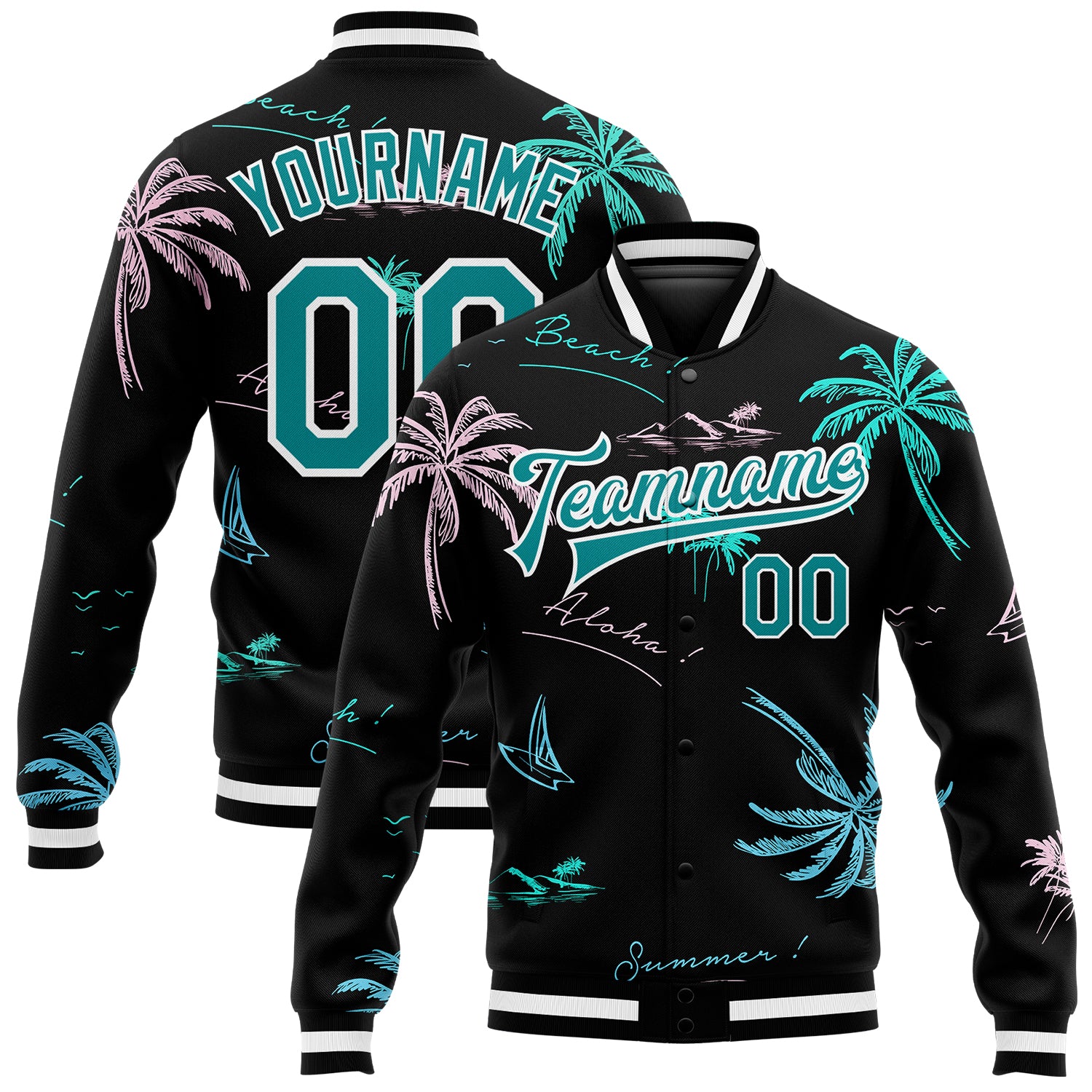 Custom Hawaii Palm Trees 3D Design Bomber Varsity Letterman Jacket - Black Teal White Full-Snap Custom Black Teal-White Hawaii