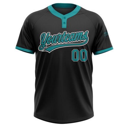 Custom Black Teal White Unisex Softball Jersey Two-Button Design for Comfort and Style Custom Black Teal-White Two-Button