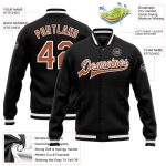 Custom Bomber Jacket Texas Orange-White Varsity Full-Snap Letterman Jacket Black Custom Black Texas Orange-White Bomber Full-Snap