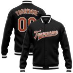 Custom Bomber Jacket Texas Orange-White Varsity Full-Snap Letterman Jacket Black Custom Black Texas Orange-White Bomber Full-Snap