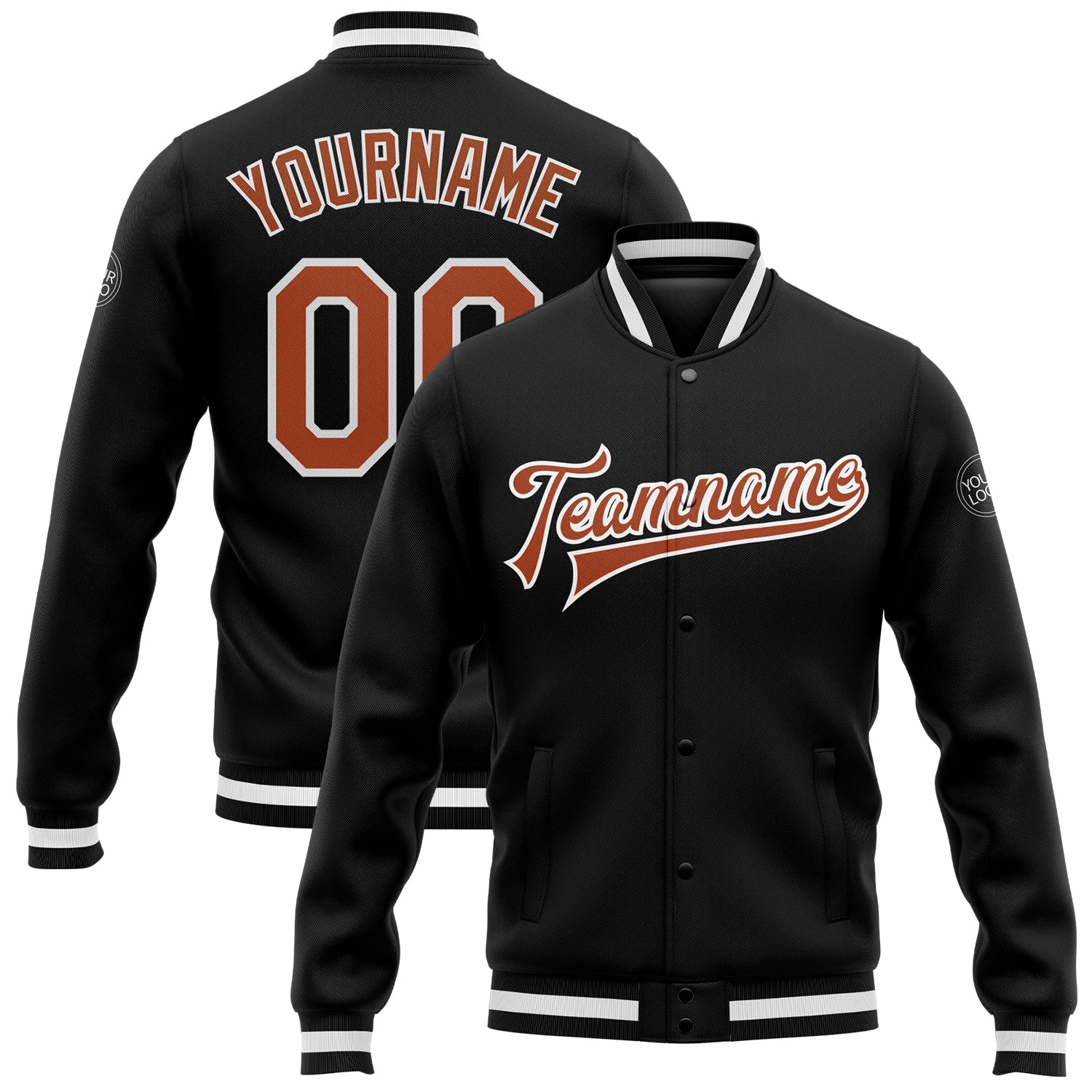 Custom Bomber Jacket Texas Orange-White Varsity Full-Snap Letterman Jacket Black Custom Black Texas Orange-White Bomber Full-Snap