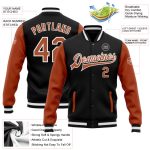 Black Texas Orange White Two Tone Bomber Varsity Letterman Full-Snap Jacket Custom Black Texas Orange-White Bomber Full-Snap