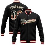 Custom Black Vintage USA Flag Bomber Jacket Cream Full-Snap Varsity Letterman Custom Black Vintage USA Flag-Cream Bomber
