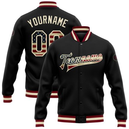 Custom Black Vintage USA Flag Bomber Jacket Cream Full-Snap Varsity Letterman Custom Black Vintage USA Flag-Cream Bomber