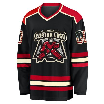 Custom Black Vintage USA Flag Hockey Jersey Cream-Red Unisex Design Custom Black Vintage USA Flag Cream-Red Hockey Jersey