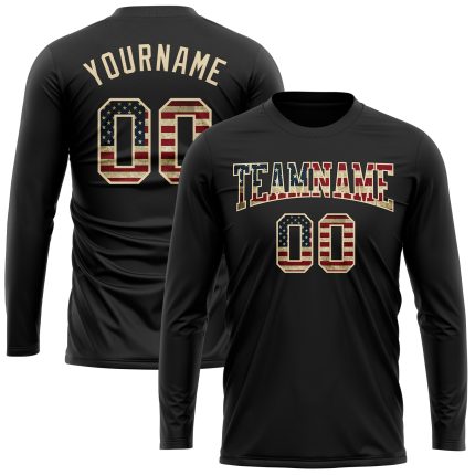 Vintage USA Flag Long Sleeve Performance T-Shirt - Custom Black Crimson-Cream Design Custom Black Vintage USA Flag Crimson-Cream