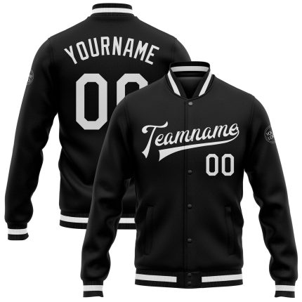Custom Black White Varsity Letterman Jacket Full-Snap Bomber - Stylish Mens Outerwear Custom Black White Bomber Full-Snap