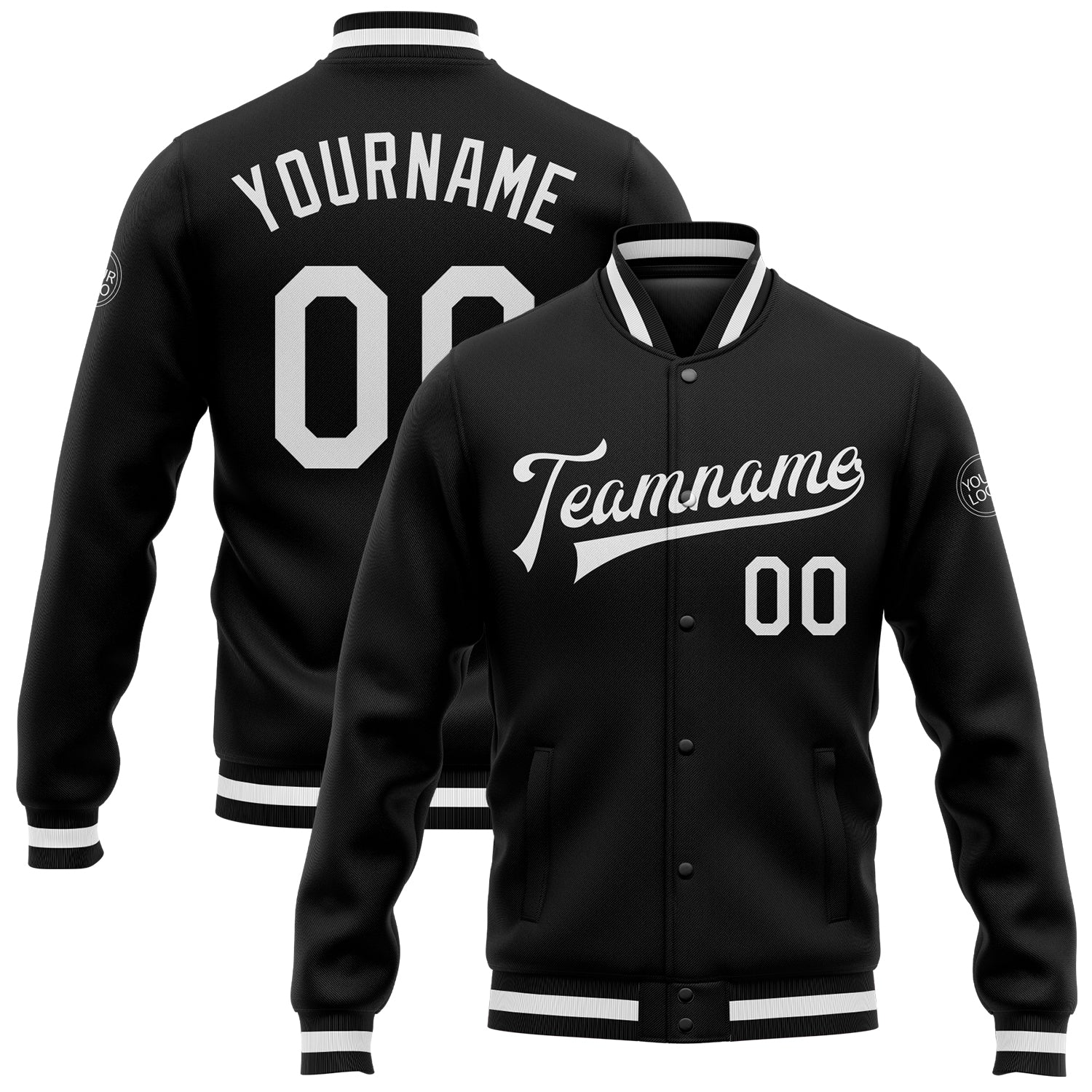 Custom Black White Varsity Letterman Jacket Full-Snap Bomber - Stylish Mens Outerwear Custom Black White Bomber Full-Snap