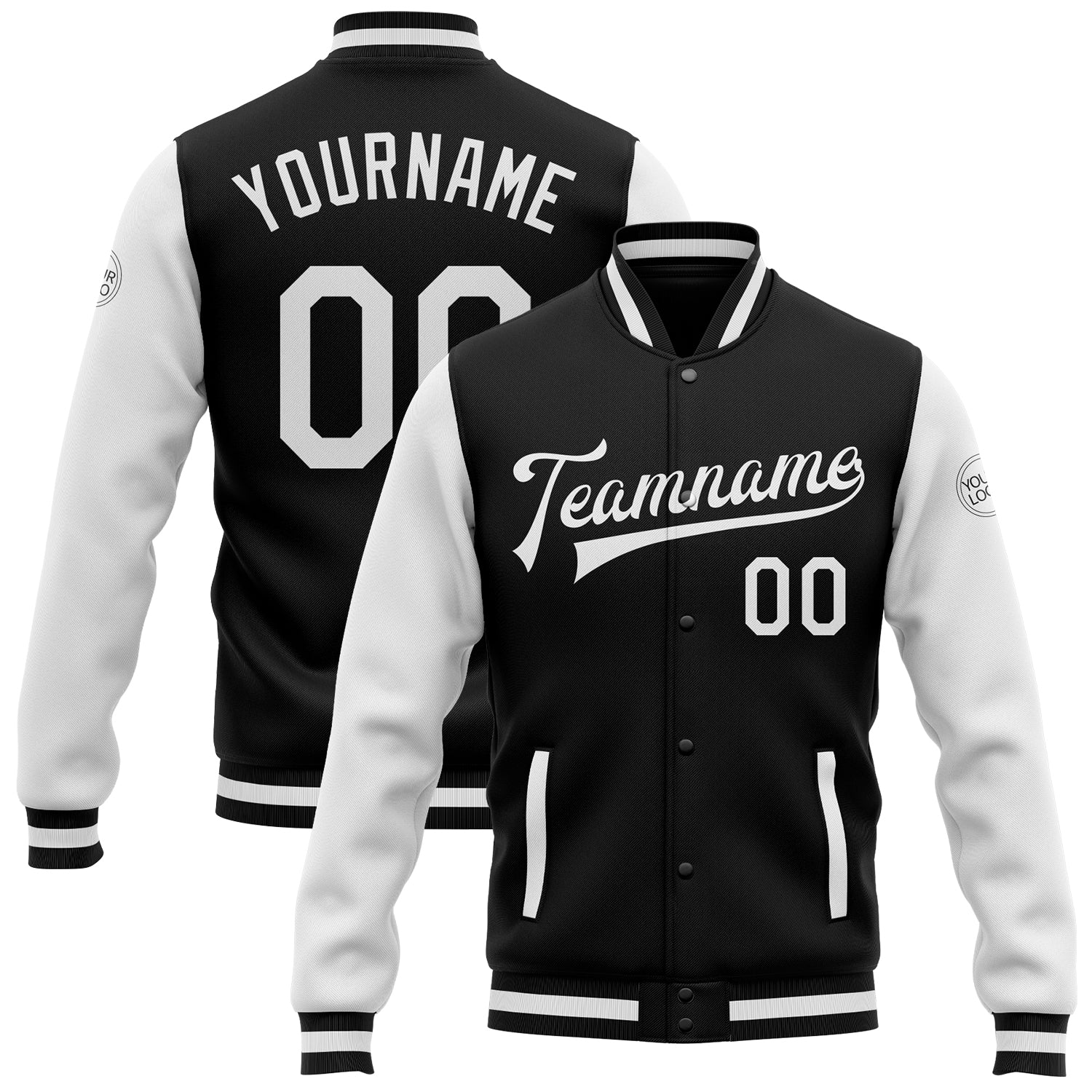 Custom Black White Varsity Letterman Bomber Jacket - Full-Snap Two Tone Design Custom Black White Bomber Full-Snap Varsity
