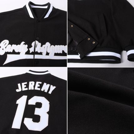 Custom Black White Cream Varsity Letterman Jacket Full-Snap Bomber for Men and Women Custom Black White-Cream Bomber Full-Snap